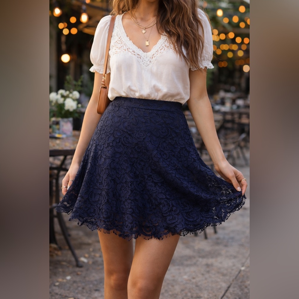 Black Lace Mini Skirt Scalloped Hem Flare Romantic Festival Boho Chic Size 4